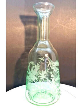 Vintage Etched Green Glass Decanter 10 Inch Birds Leaves Berries